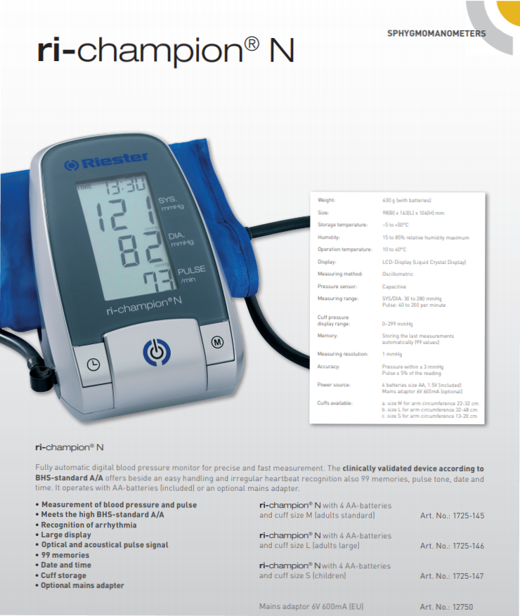 Riester ri-champion® N, Fully Automatic Digital Blood Pressure Monitor